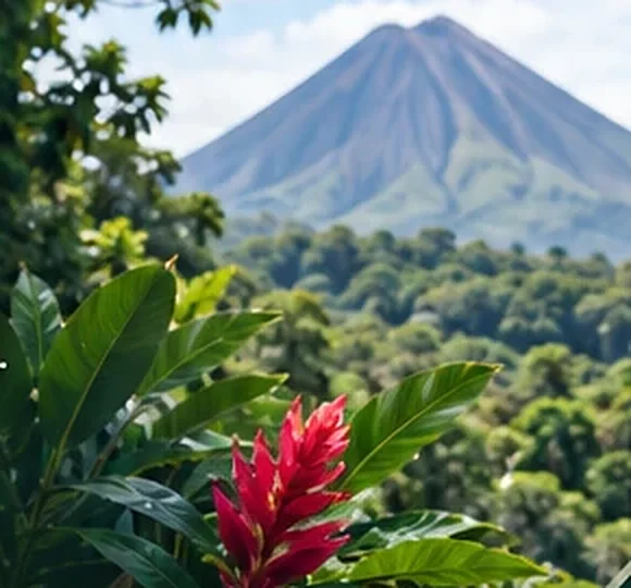 A volcano above the rainforest, with a red heliconia in the foreground