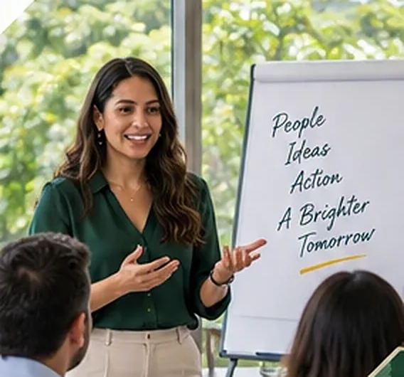 A facilitator presenting at a flipchart, with the forest beyond the windows