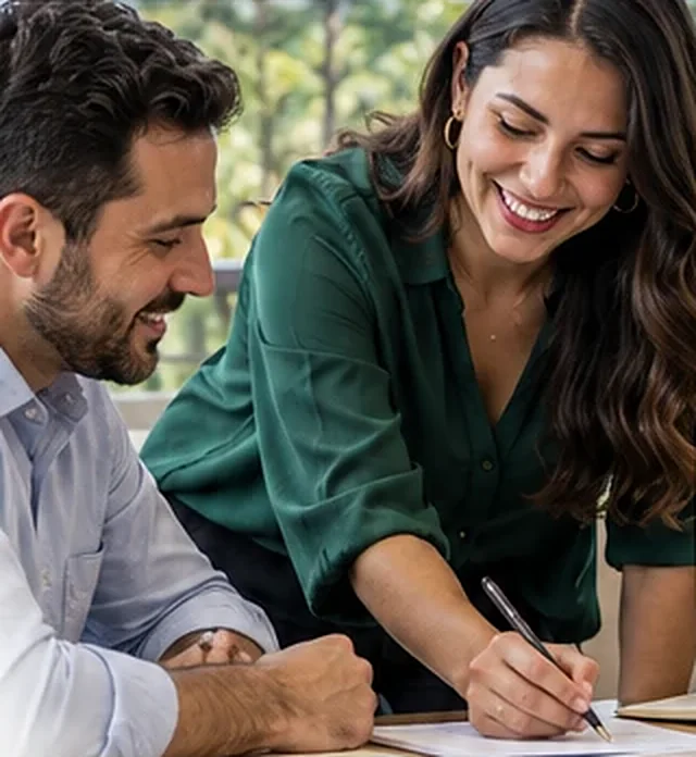 Colleagues smiling as they plan together at a table