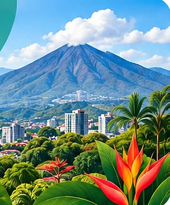 A volcano above the city, with tropical plants in the foreground