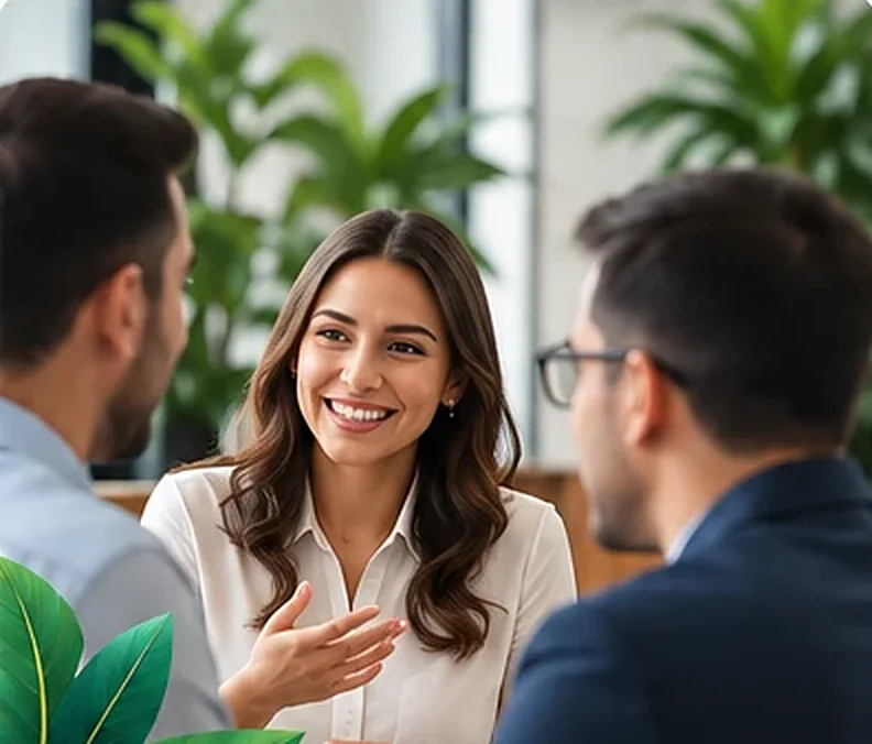 A professional smiling as she talks with two colleagues