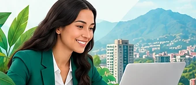 A professional smiling as she works at a laptop, with the city and mountains behind
