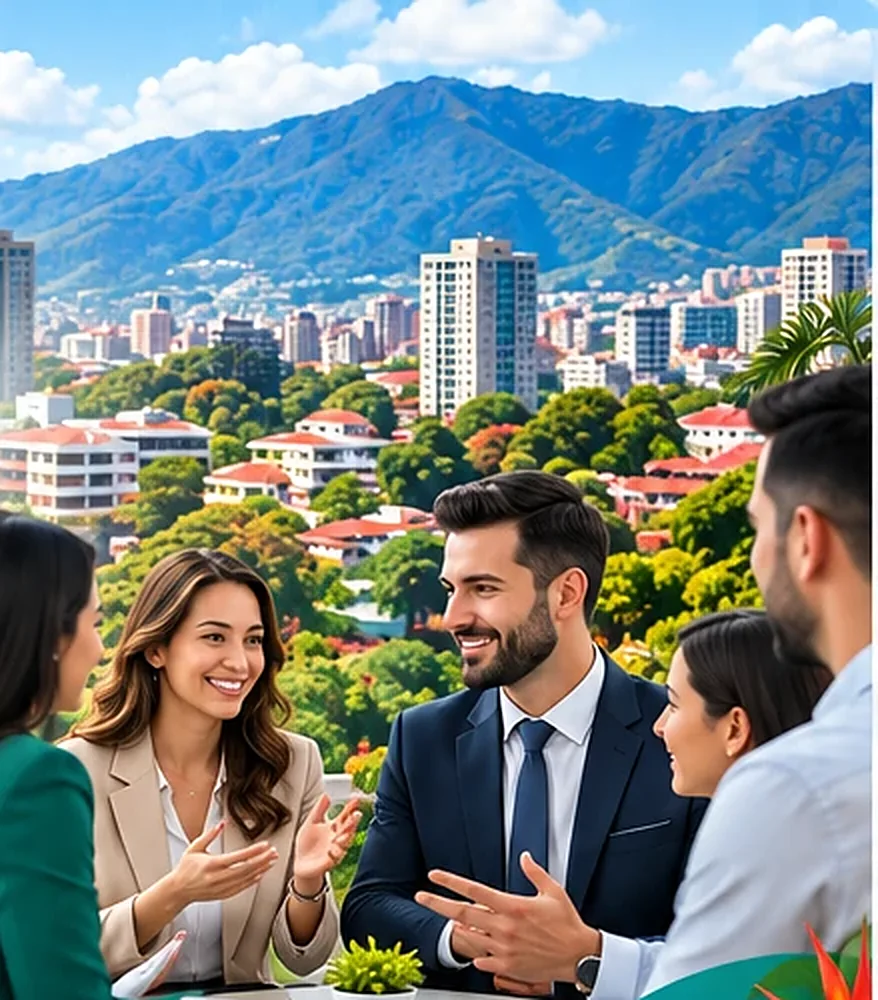 Colleagues smiling in a meeting on a terrace above San José, with the mountains behind