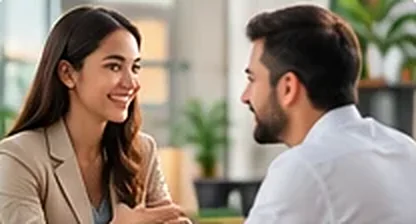 Two colleagues talking at work