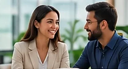 Two colleagues smiling in conversation