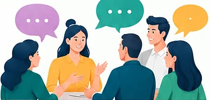 Illustration of colleagues sharing ideas in speech bubbles